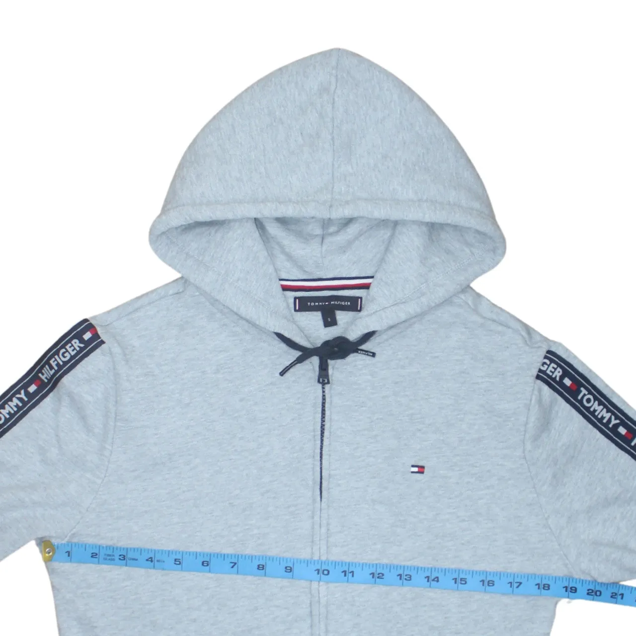 Tommy Hilfiger Light Grey Hoodie Women’s Small Zip Up Taped Sleeves Embroidered Logo Sweatshirt sold by Vintage Club product image thumbnail 5