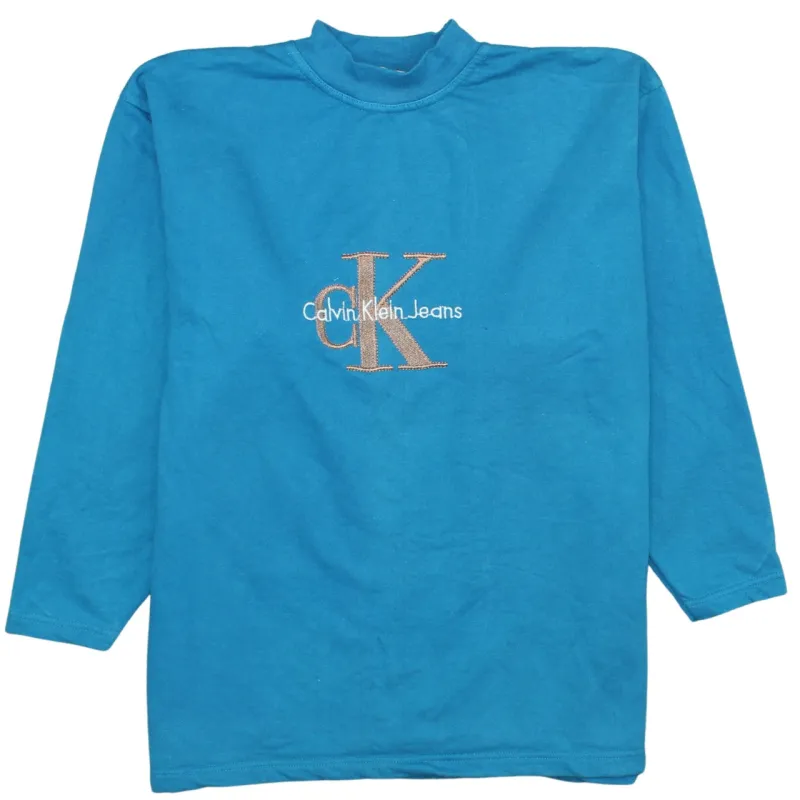 Calvin Klein Blue Sweatshirt Men's Large Embroidered CK Jeans Logo Mock Neck Pullover Top sold by Vintage Club