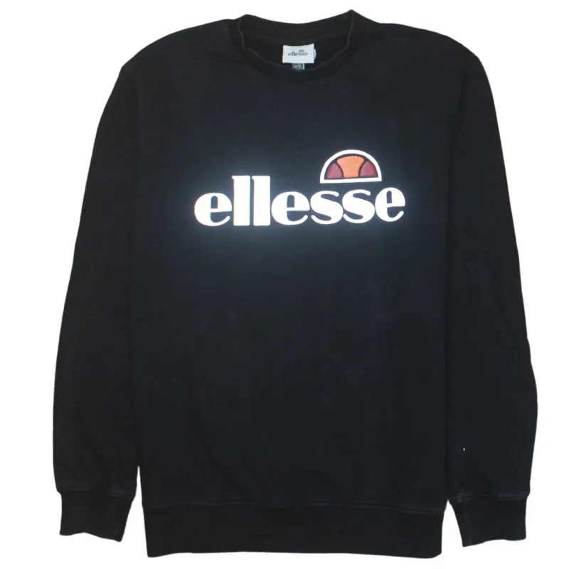 Ellesse Black Sweatshirt Women's Small Printed Big Logo Crewneck Pullover Fleece Top made by Ellesse