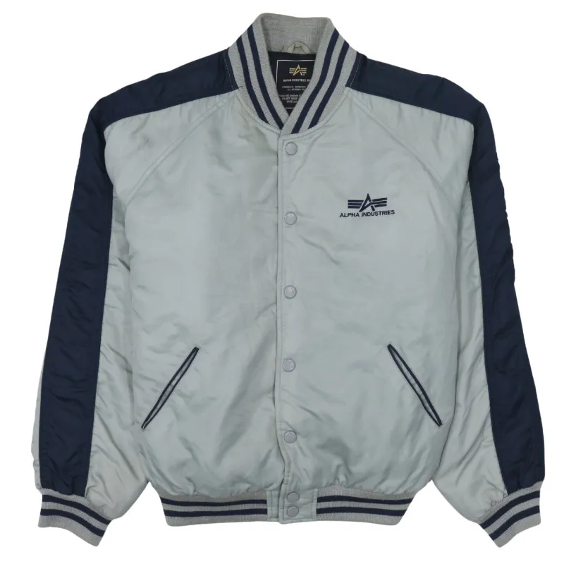 Alpha Industries Light Grey Bomber Jacket Men's XLarge Embroidered Logos Striped Rib Cuffs Outerwear sold by Vintage Club