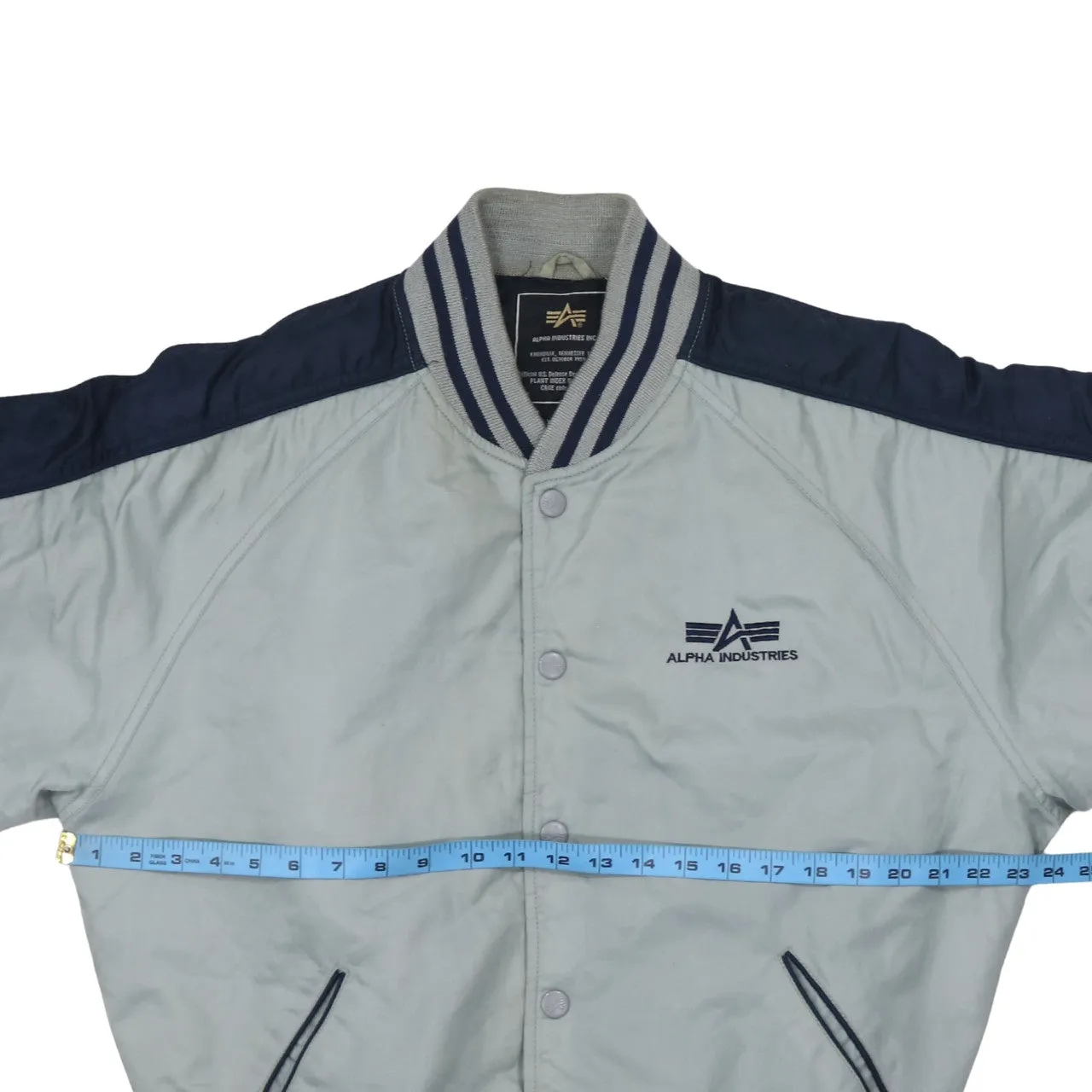 Alpha Industries Light Grey Bomber Jacket Men's XLarge Embroidered Logos Striped Rib Cuffs Outerwear sold by Vintage Club product image thumbnail 5