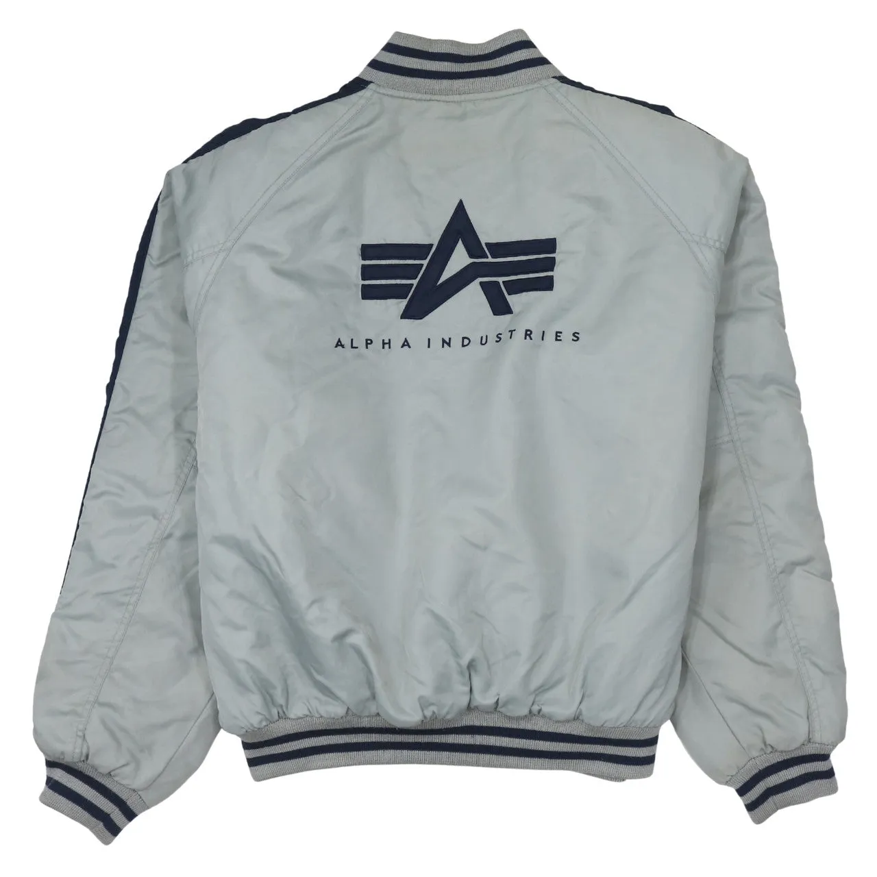 Alpha Industries Light Grey Bomber Jacket Men's XLarge Embroidered Logos Striped Rib Cuffs Outerwear sold by Vintage Club product image thumbnail 2