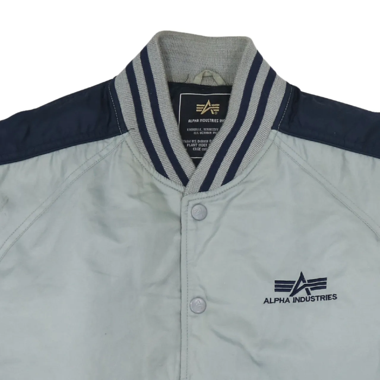 Alpha Industries Light Grey Bomber Jacket Men's XLarge Embroidered Logos Striped Rib Cuffs Outerwear sold by Vintage Club product image thumbnail 3