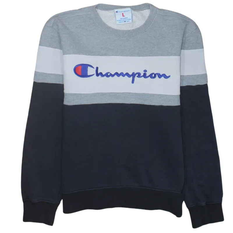 Champion Grey Navy Sweatshirt Men's Large Embroidered Script Logo Colour Block Pullover sold by Vintage Club