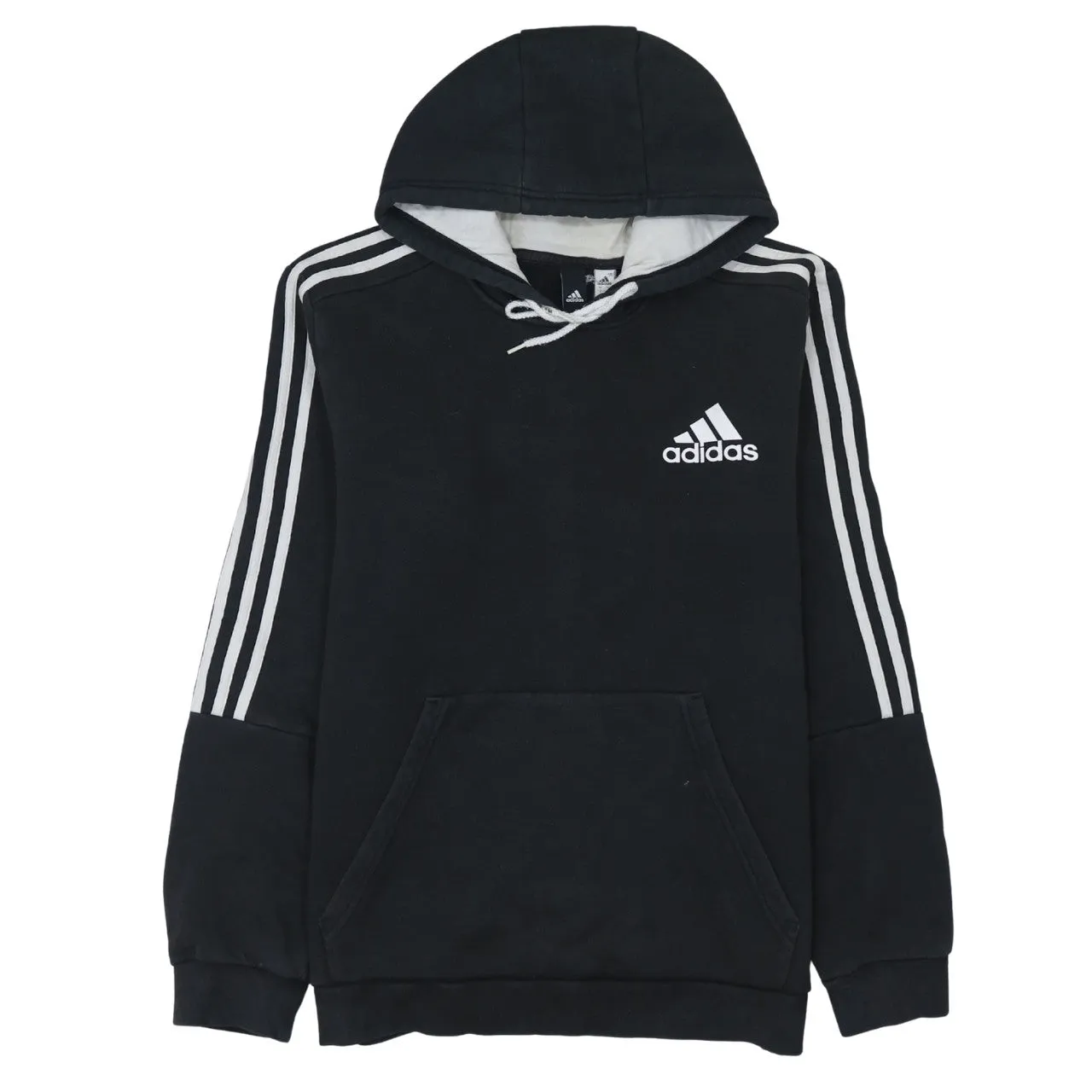 Adidas Black Hoodie Women’s Large Embroidered Logo Three Stripe Sleeve Pullover Sweatshirt sold by Vintage Club
