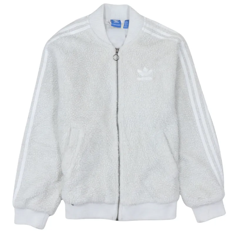 Adidas Off White Fleece Jacket Women’s Large Three Stripe Sleeves Embroidered Trefoil Bomber made by Adidas
