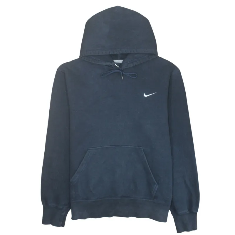 Nike Navy Blue Hoodie Men's Large Embroidered Swoosh Drawstring Front Pocket Pullover Sweatshirt sold by Vintage Club