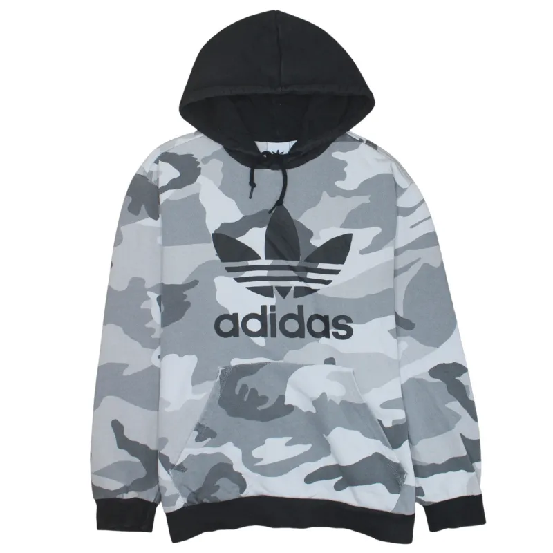 Adidas Grey Camo Hoodie Men’s XLarge Printed Trefoil Logo Drawstring Hood Pullover Sweatshirt made by Adidas