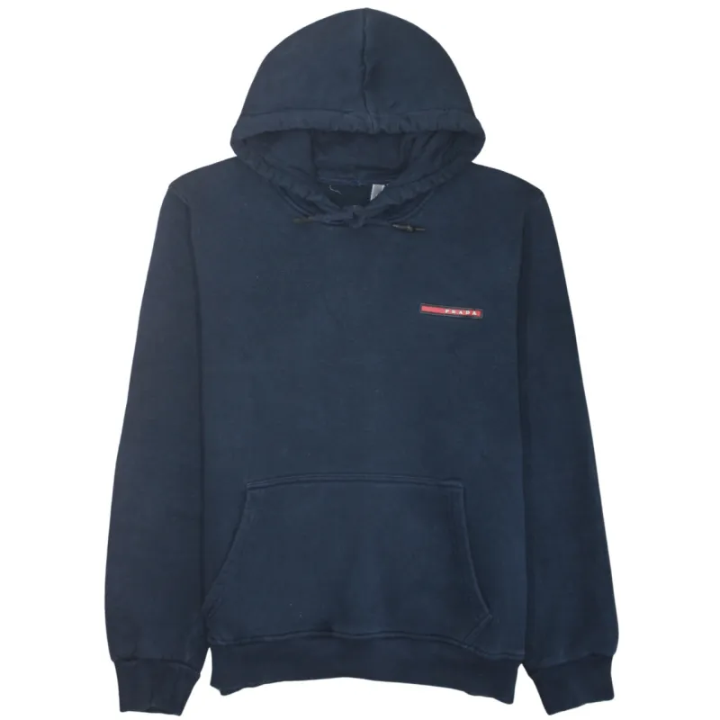 Prada Navy Blue Hoodie Women’s Large Embroidered Chest Logo Drawstring Hood Pouch Pocket Sweatshirt made by Prada