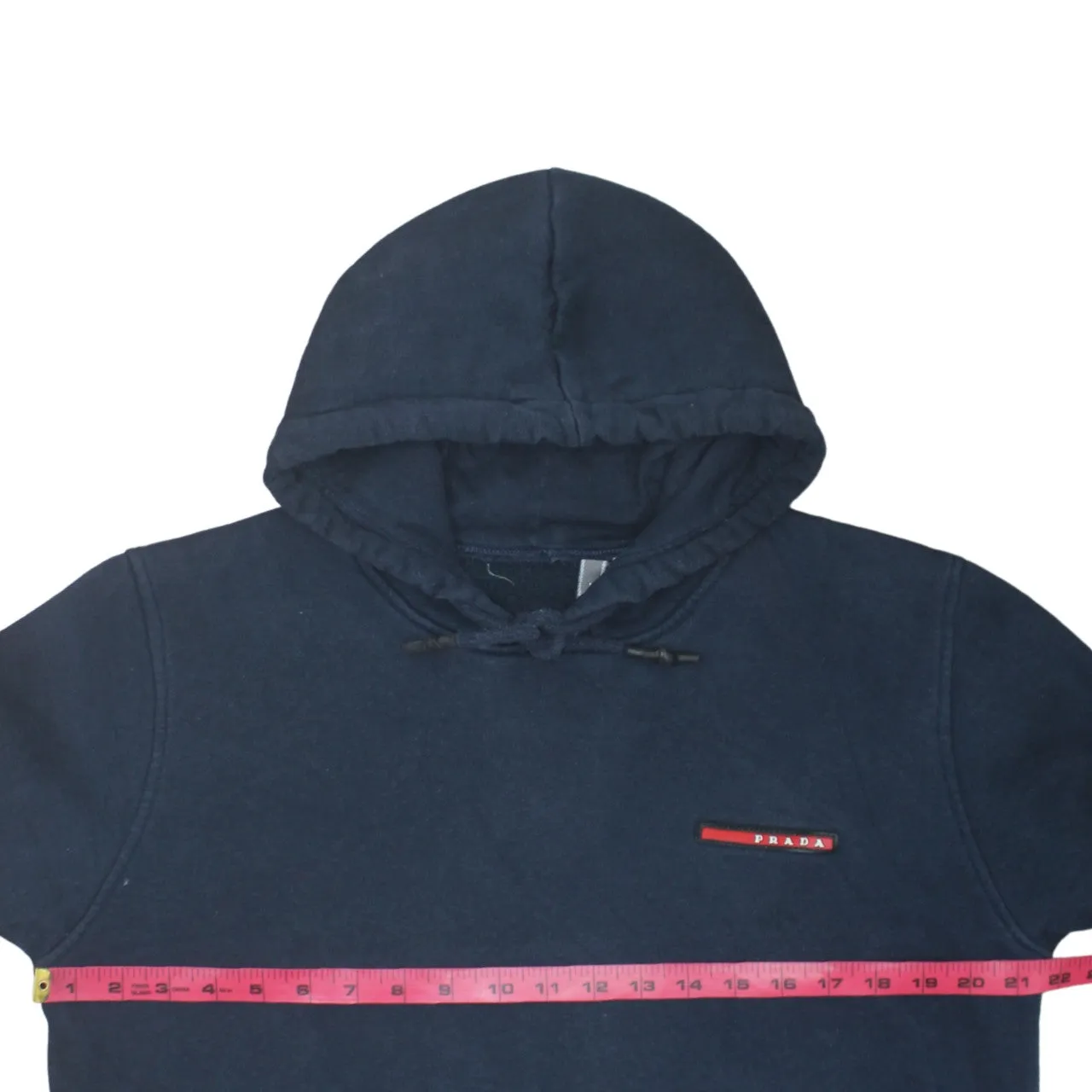 Prada Navy Blue Hoodie Women’s Large Embroidered Chest Logo Drawstring Hood Pouch Pocket Sweatshirt sold by Vintage Club product image thumbnail 5