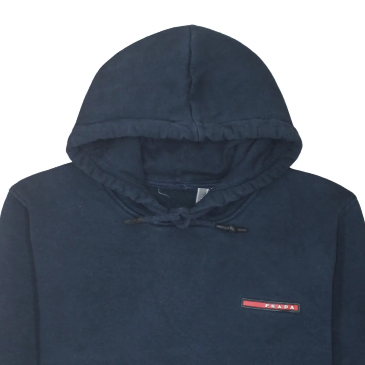 Prada Navy Blue Hoodie Women’s Large Embroidered Chest Logo Drawstring Hood Pouch Pocket Sweatshirt sold by Vintage Club product image thumbnail 3
