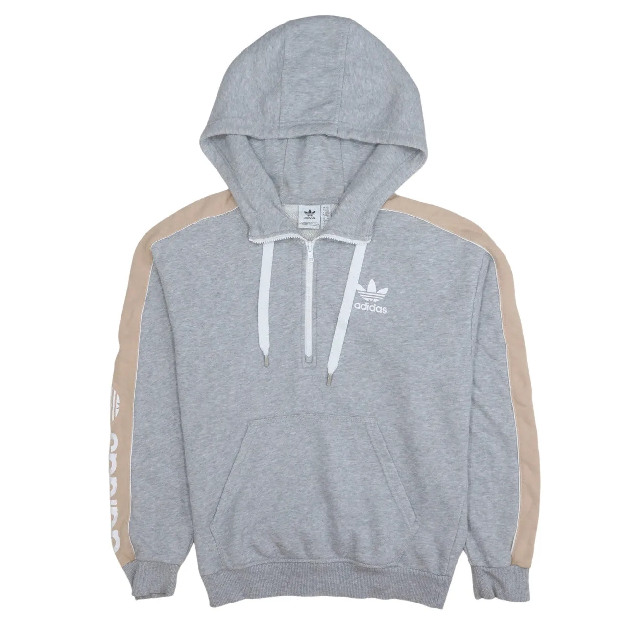 Adidas Grey Half Zip Hoodie Women’s XSmall Embroidered Trefoil Logo Beige Sleeve Panels Sweatshirt sold by Vintage Club