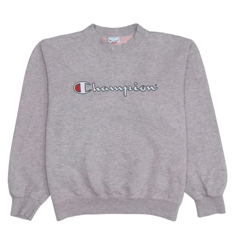 Champion Grey Sweatshirt Men's Medium Embroidered Script Logo Ribbed Cuffs Pullover Top sold by Vintage Club