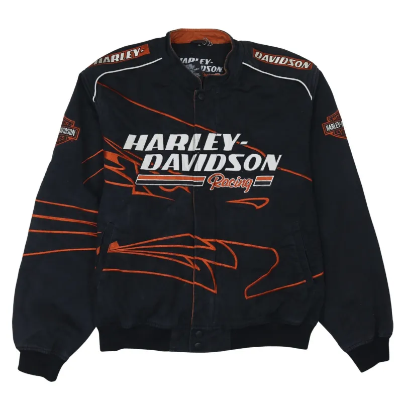 Harley Davidson Black Racing Jacket Men's XLarge Embroidered Logos Flame Graphics Outerwear sold by Vintage Club