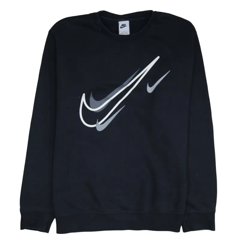 Nike Black Sweatshirt Men's Large Printed Multi Swoosh Logo Crewneck Pullover Fleece Top made by Nike