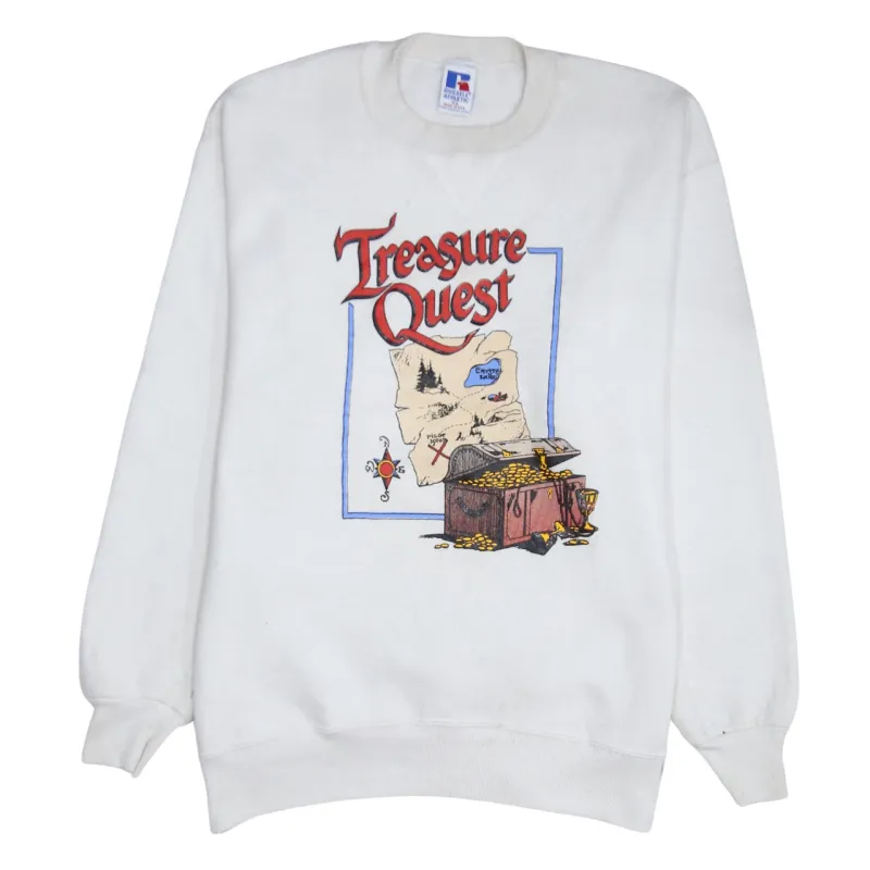 Russell Athletic White Sweatshirt Women's XLarge Treasure Quest Printed Graphic Pullover Jumper sold by Vintage Club