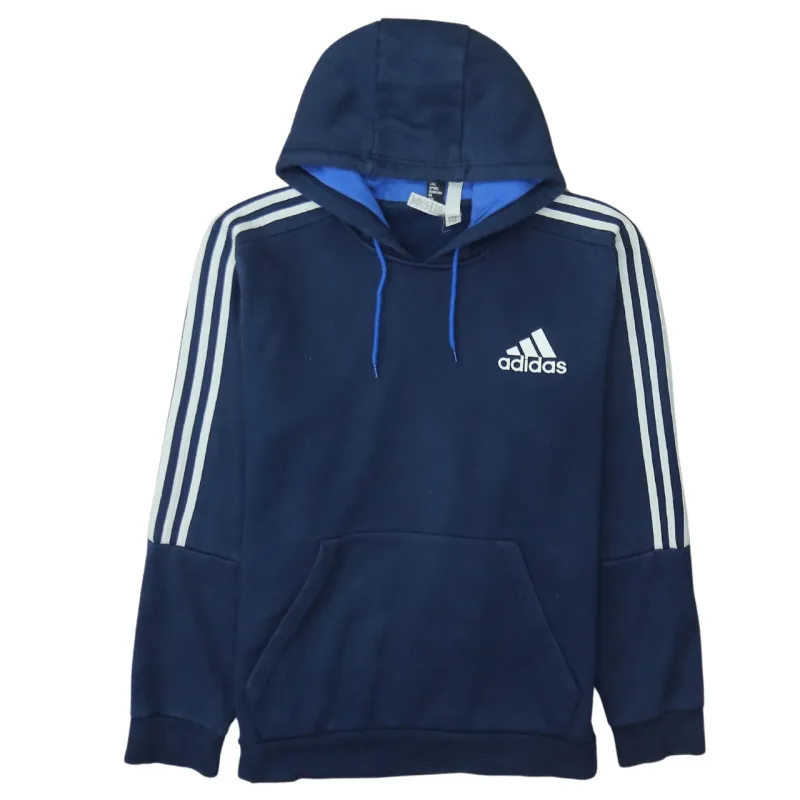 Adidas Navy Blue Hoodie Men's Large Embroidered Logo Three Stripe Sleeves Pullover Sweatshirt sold by Vintage Club
