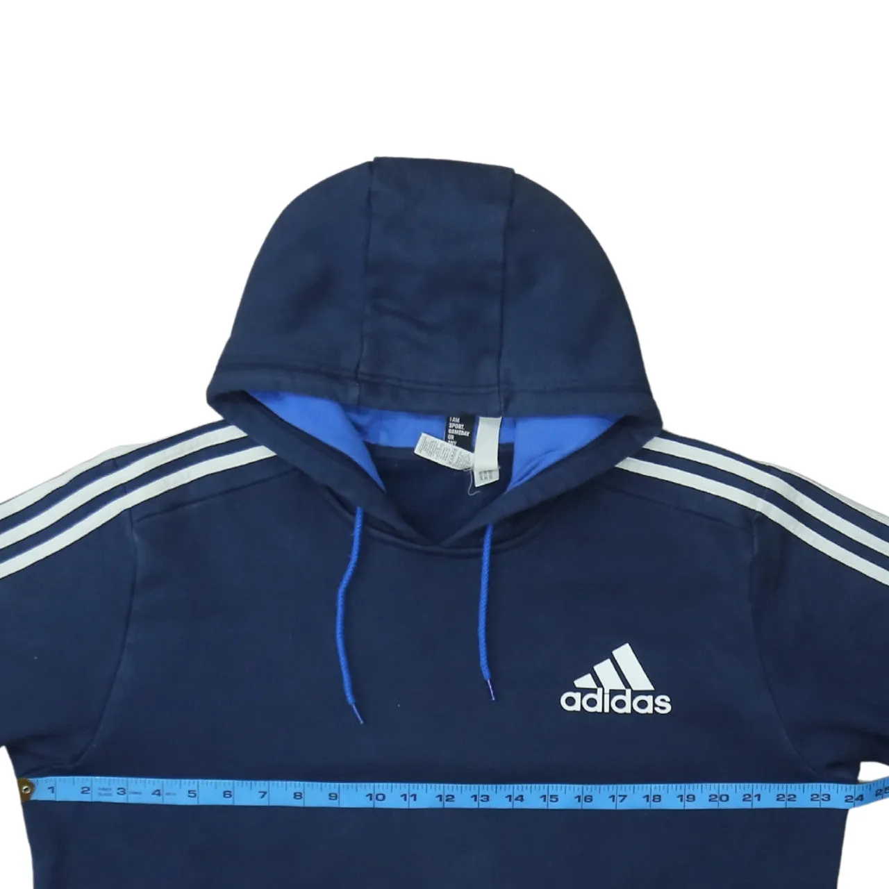 Adidas Navy Blue Hoodie Men's Large Embroidered Logo Three Stripe Sleeves Pullover Sweatshirt sold by Vintage Club product image thumbnail 5
