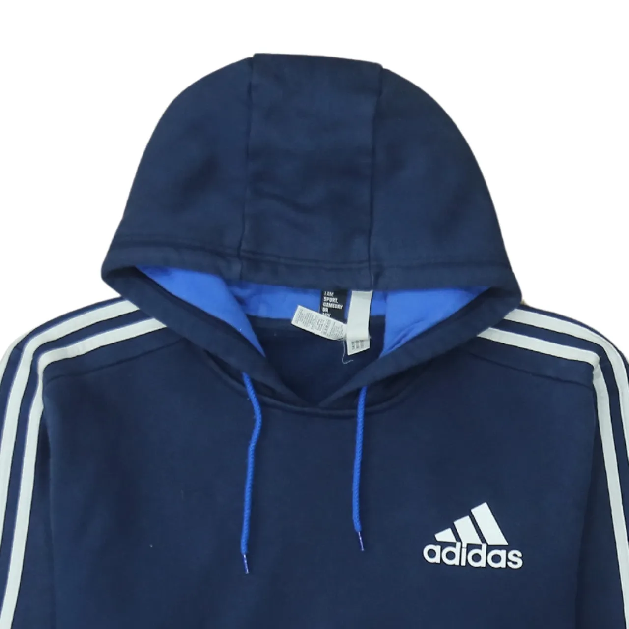 Adidas Navy Blue Hoodie Men's Large Embroidered Logo Three Stripe Sleeves Pullover Sweatshirt sold by Vintage Club product image thumbnail 3