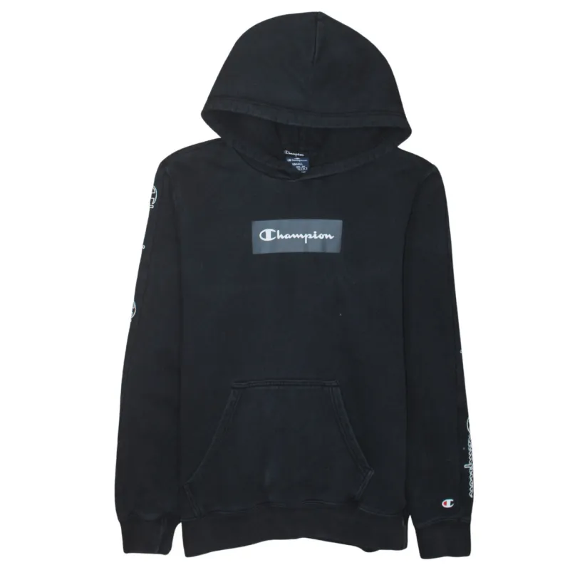 Champion Black Hoodie Women’s Small Printed Box Logo Sleeve Branding Pullover Sweatshirt made by Champion