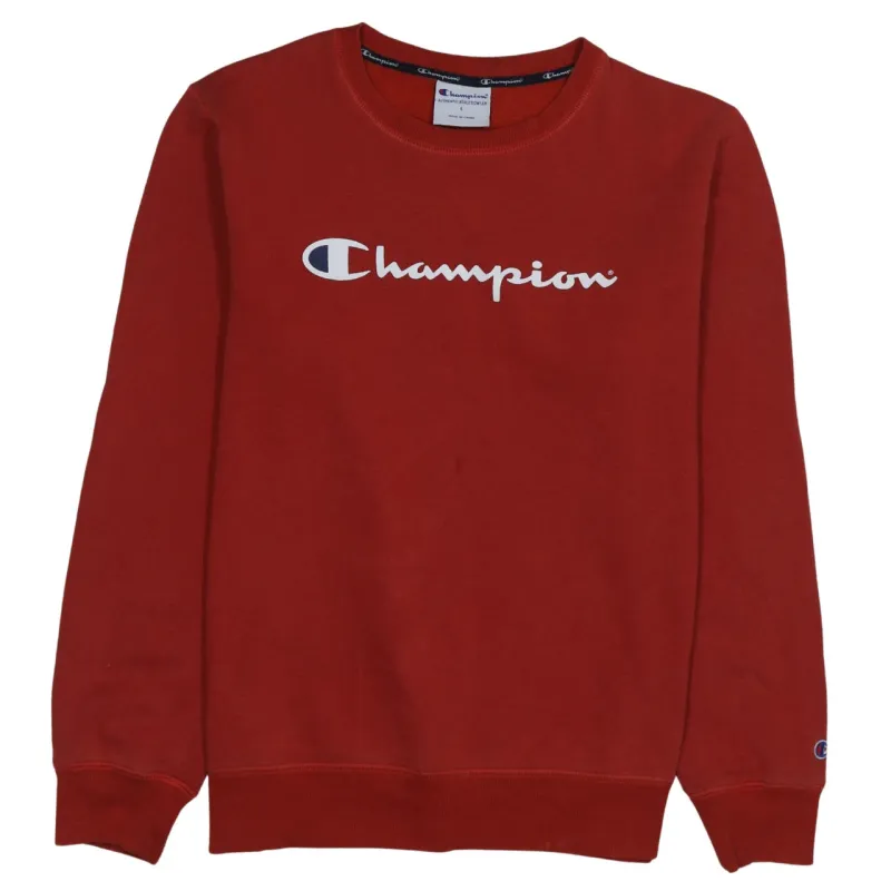 Champion Burgundy Red Sweatshirt Women’s Large Printed Script Logo Crewneck Pullover Fleece Top sold by Vintage Club