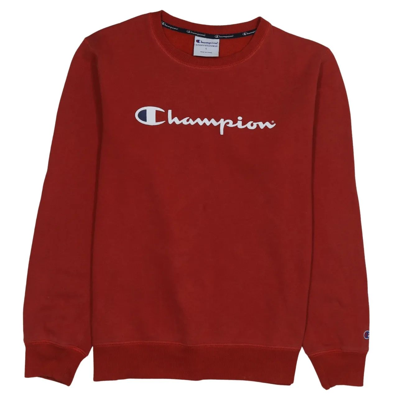 Champion Burgundy Red Sweatshirt Women’s Large Printed Script Logo Crewneck Pullover Fleece Top sold by Vintage Club