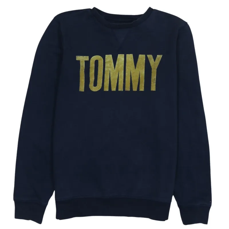 Tommy Hilfiger Navy Blue Sweatshirt Men's Medium Gold TOMMY Printed Logo Pullover Jumper sold by Vintage Club