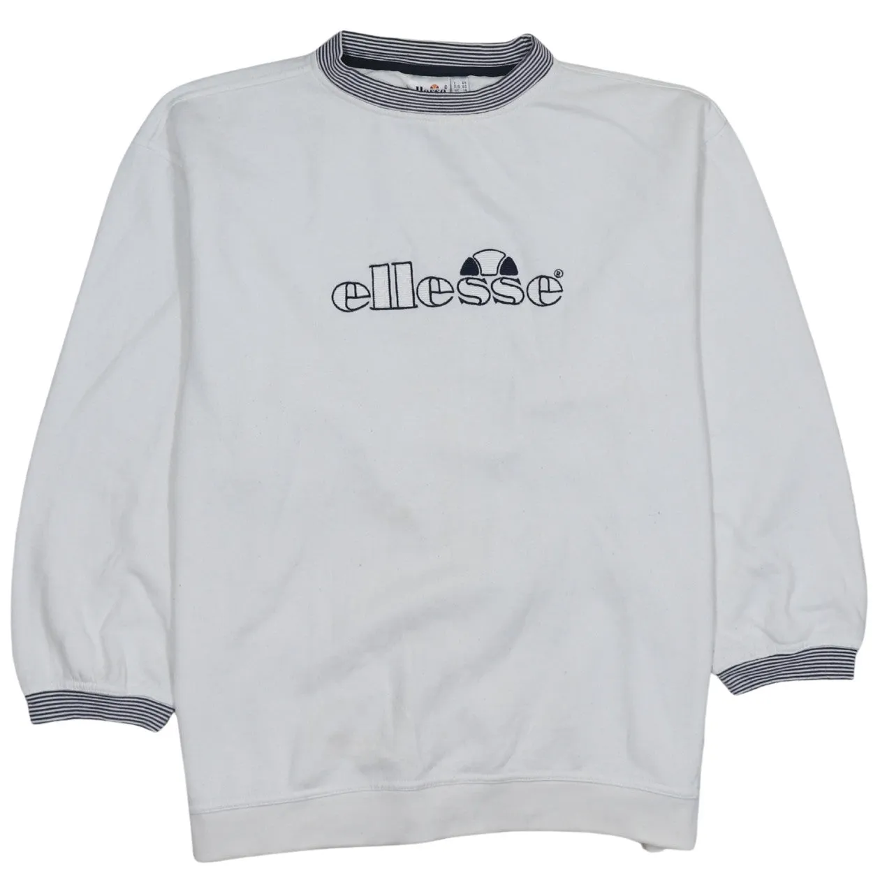 Ellesse White Sweatshirt Women’s XLarge Embroidered Logo Stripe Collar Cuffs Pullover Jumper sold by Vintage Club