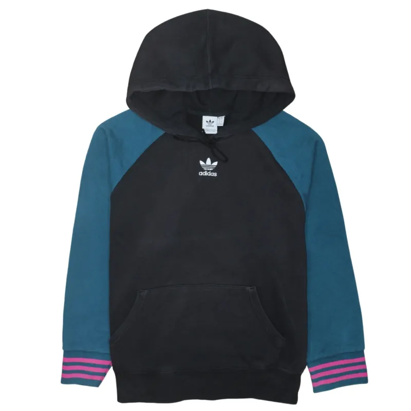 Adidas Black Teal Hoodie Women’s Small Trefoil Embroidered Logo Striped Cuff Pullover Sweatshirt made by Adidas
