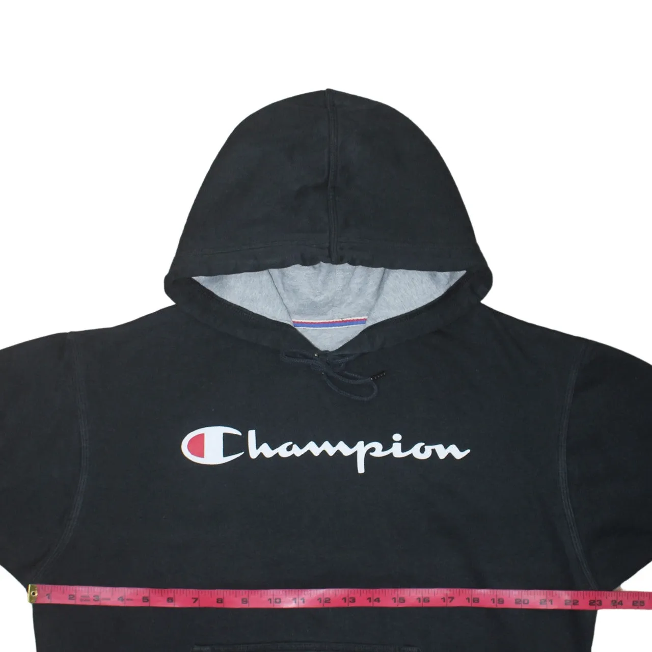 Champion Black Hoodie Women’s Medium Printed Script Logo Front Pocket Pullover Sweatshirt sold by Vintage Club product image thumbnail 5