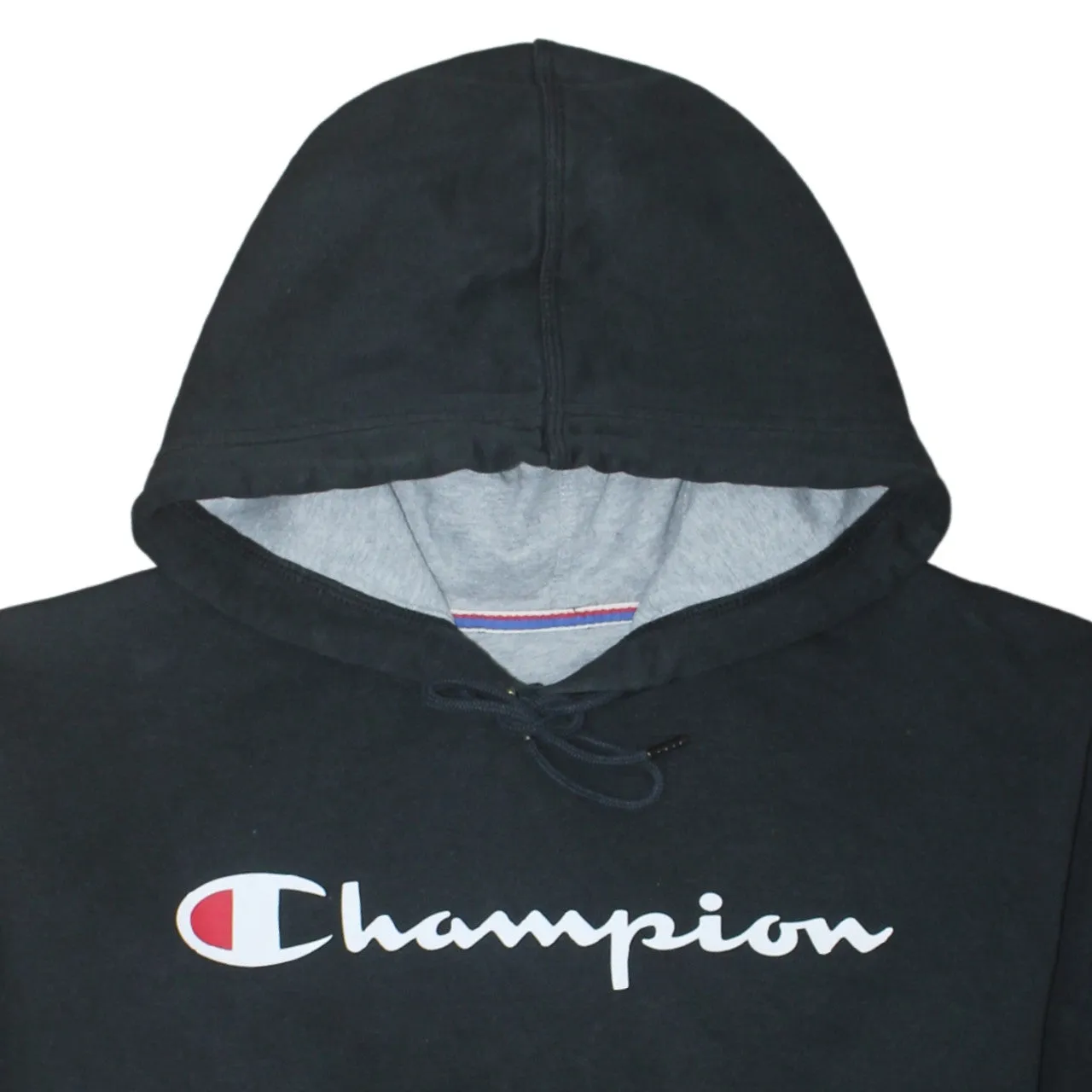 Champion Black Hoodie Women’s Medium Printed Script Logo Front Pocket Pullover Sweatshirt sold by Vintage Club product image thumbnail 3