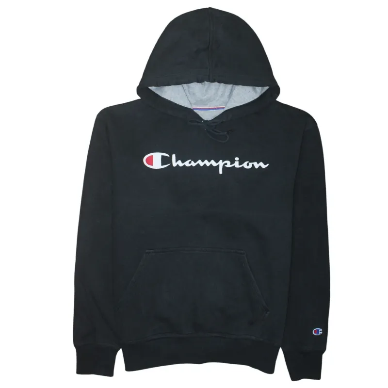 Champion Black Hoodie Women’s Medium Printed Script Logo Front Pocket Pullover Sweatshirt sold by Vintage Club