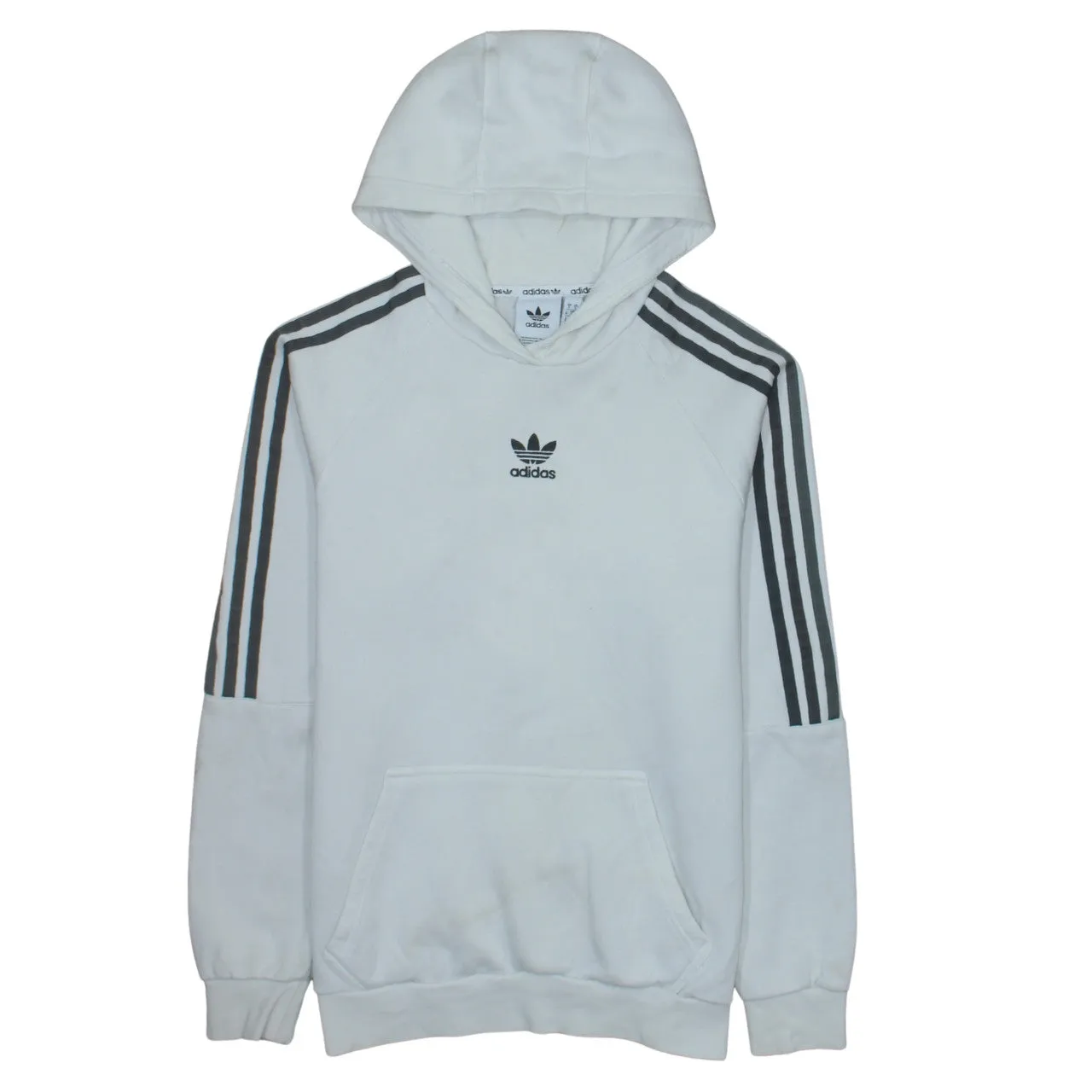 Adidas White Hoodie Men's Small Trefoil Logo Three Stripe Raglan Sleeve Pullover Sweatshirt sold by Vintage Club