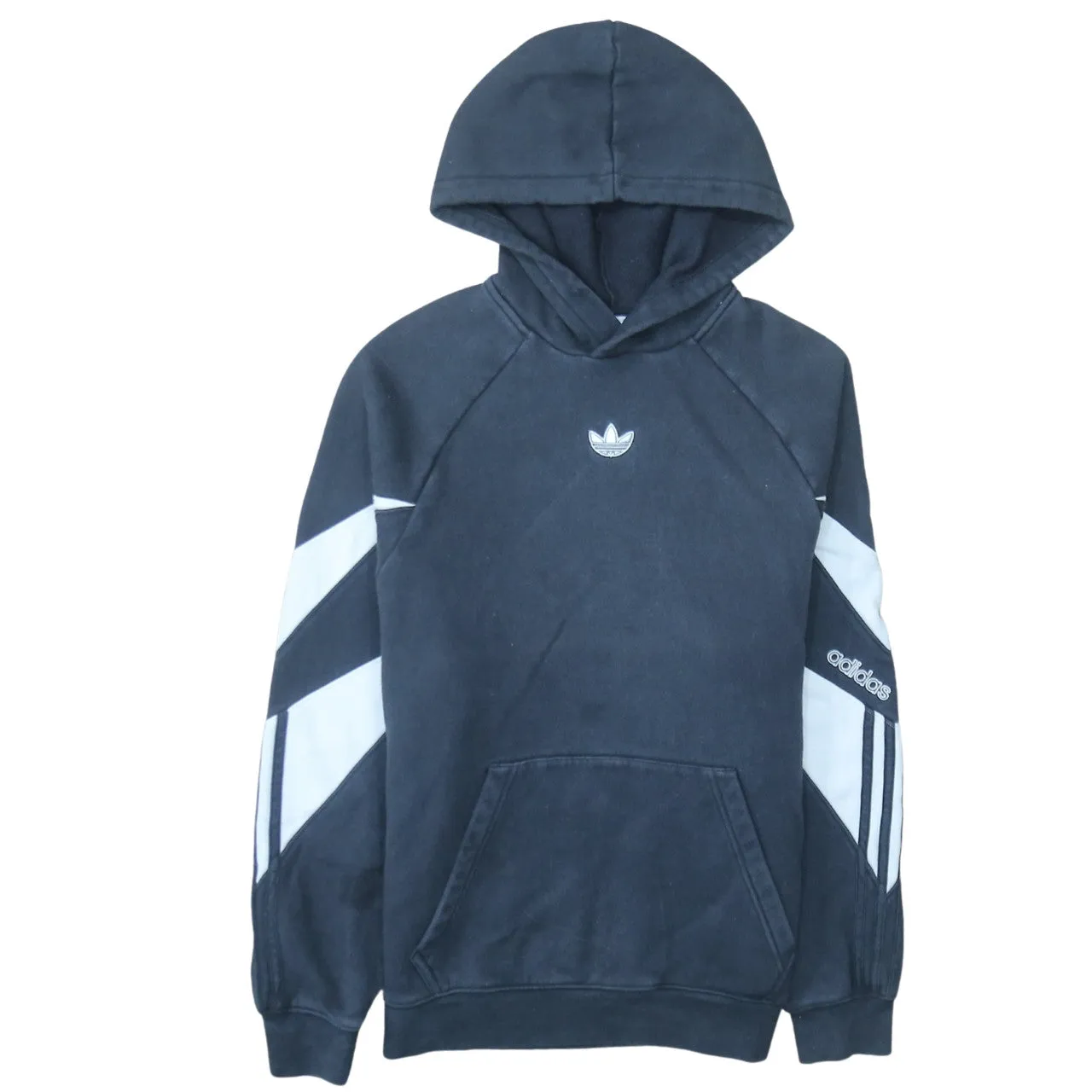 Adidas Black Hoodie Men's Small Trefoil Embroidered Logo Chevron Sleeve Panels Pullover Sweatshirt sold by Vintage Club