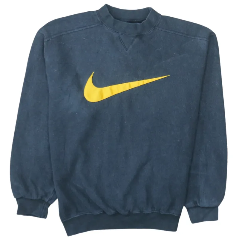 Nike Dark Navy Sweatshirt Men's Small Printed Yellow Swoosh Logo Crewneck Pullover made by Nike