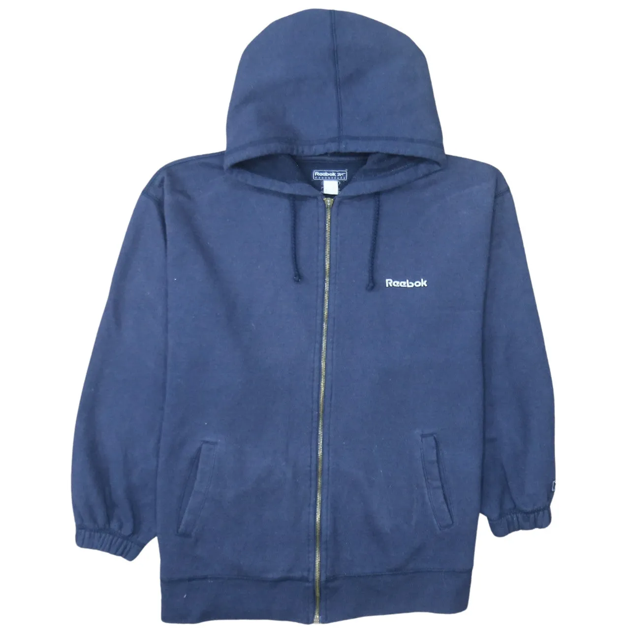 Reebok Navy Blue Full Zip Hoodie Women’s Medium Embroidered Logo Pockets Sweatshirt sold by Vintage Club