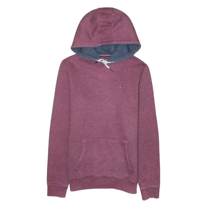 Tommy Hilfiger Burgundy Red Hoodie Men's Small Embroidered Chest Logo Front Pocket Sweatshirt made by Tommy Hilfiger