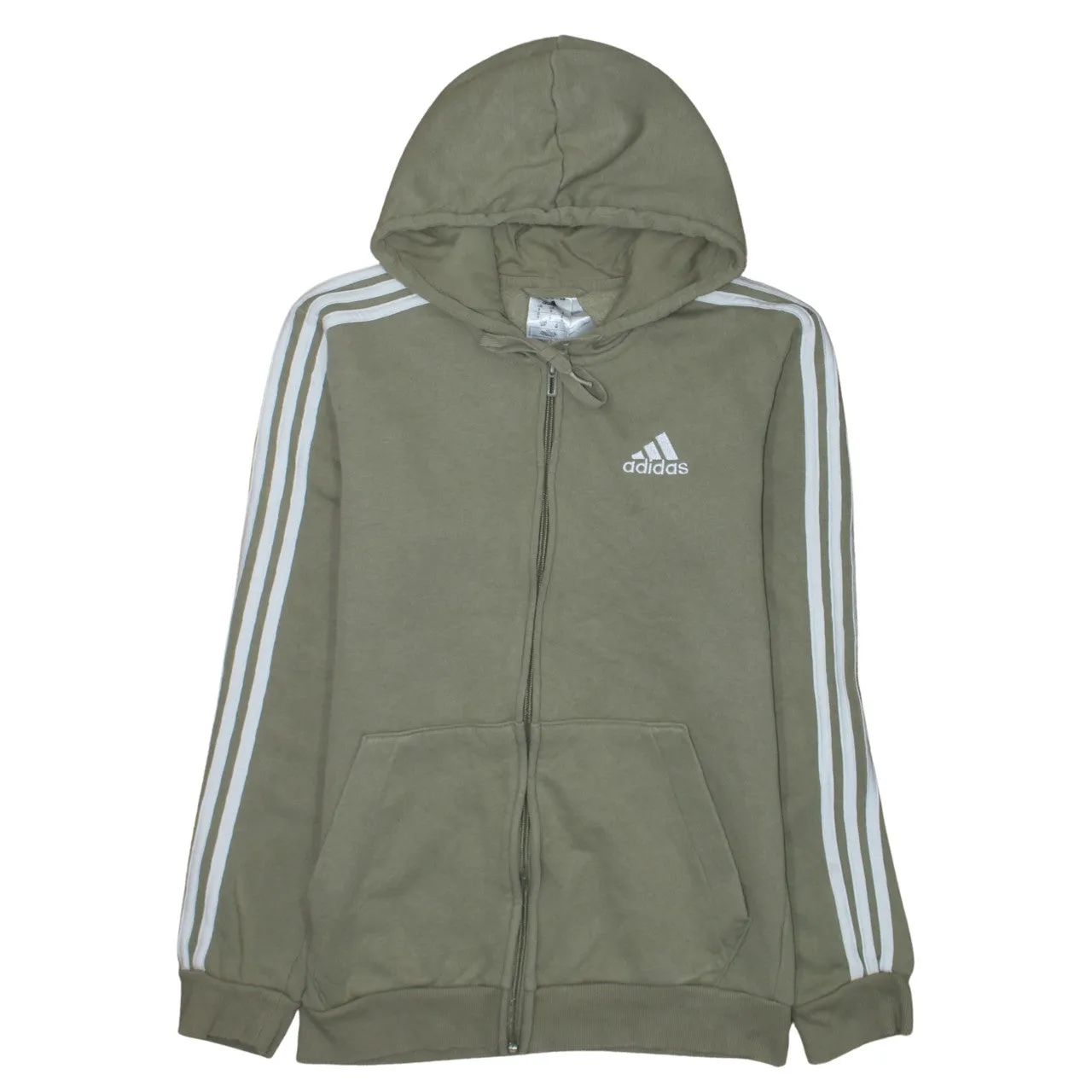 Adidas Khaki Green Hoodie Women’s Small Full Zip Three Stripe Sleeves Printed Logo Sweatshirt sold by Vintage Club