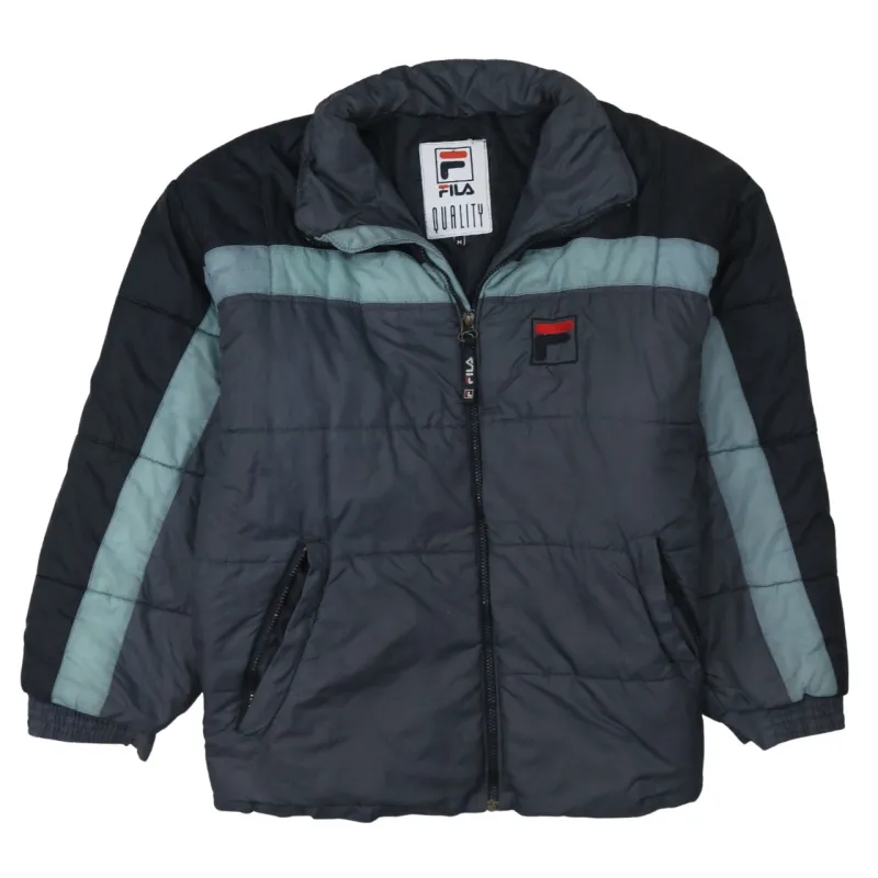 Fila Dark Grey Puffer Jacket Men’s Medium Embroidered Logo Zip Pockets Colour Block Outerwear sold by Vintage Club