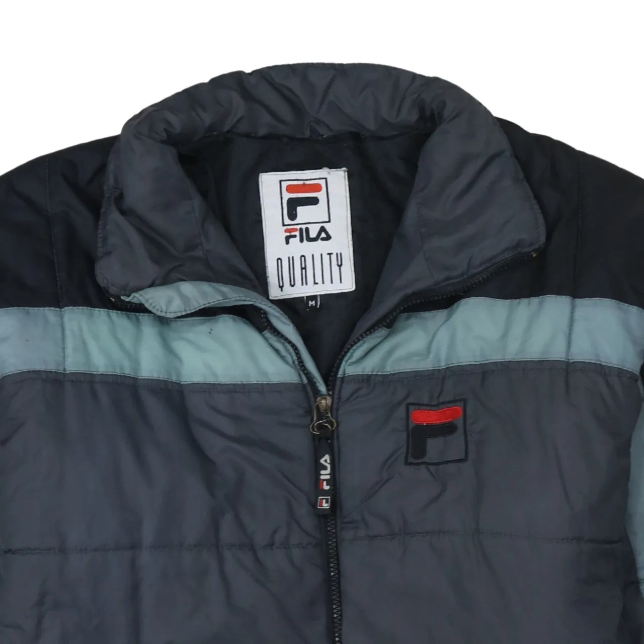 Fila Dark Grey Puffer Jacket Men’s Medium Embroidered Logo Zip Pockets Colour Block Outerwear sold by Vintage Club product image thumbnail 3