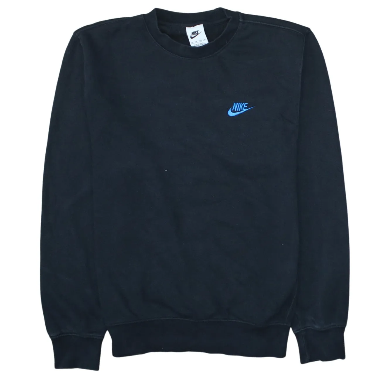 Nike Black Sweatshirt Men’s XSmall Embroidered Blue Swoosh Logo Crewneck Pullover Fleece Top sold by Vintage Club