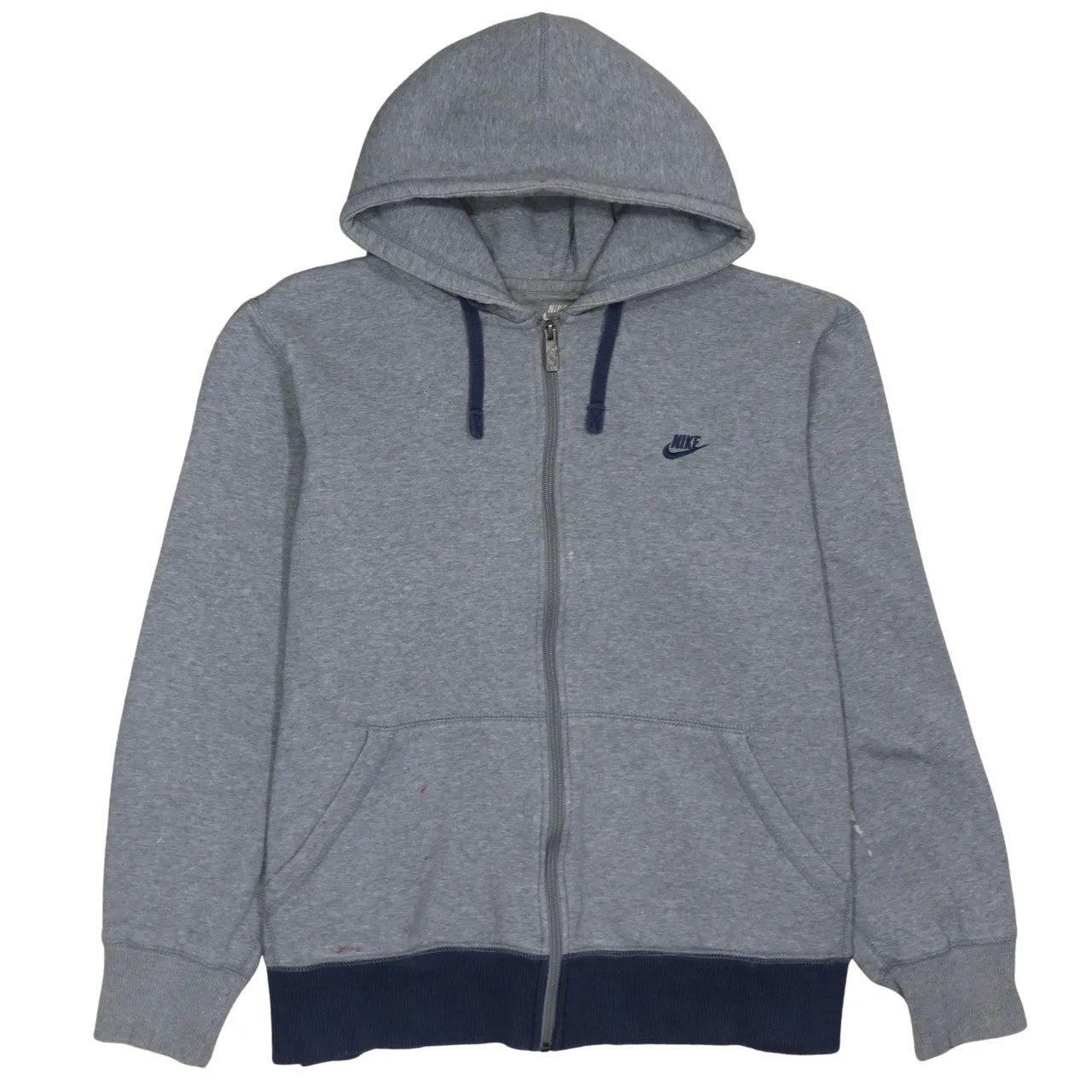 Nike Grey Full Zip Hoodie Men’s XLarge Embroidered Swoosh Navy Trim Drawstring Sweatshirt sold by Vintage Club