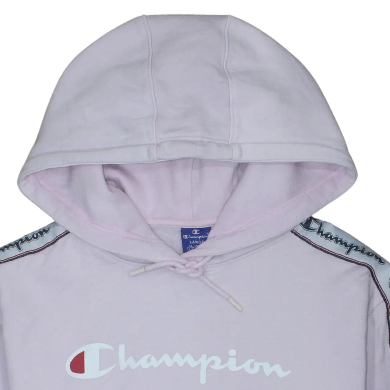 Champion Light Pink Hoodie Women’s Large Printed Logo Tape Sleeve Pullover Sweatshirt sold by Vintage Club product image thumbnail 3