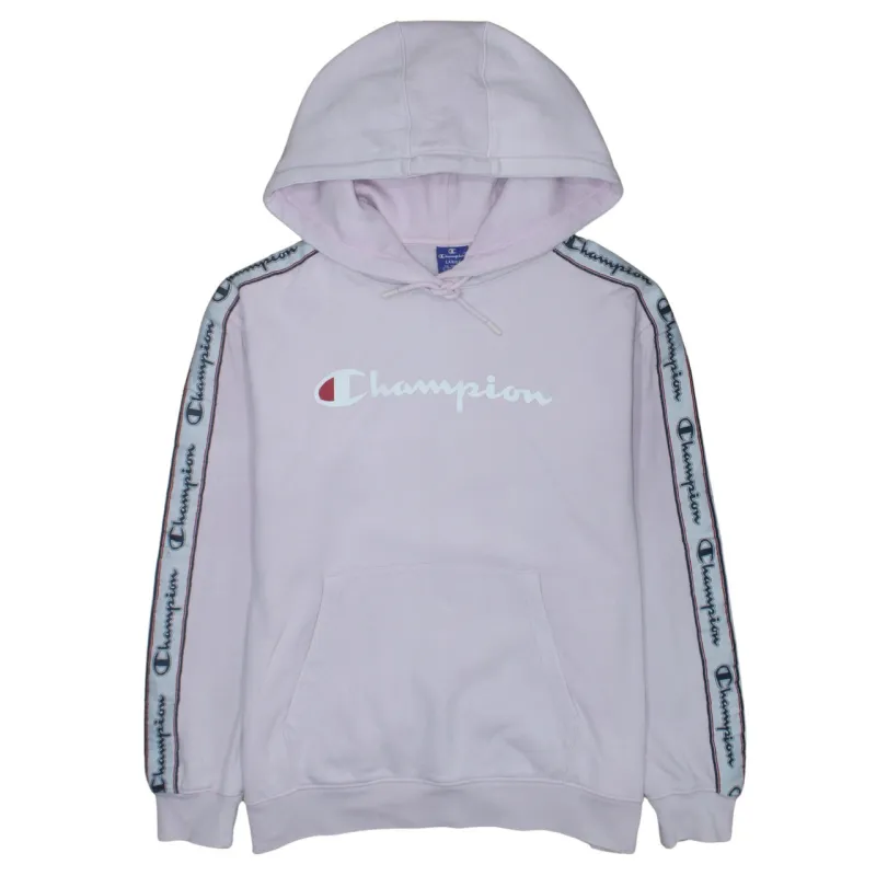 Champion Light Pink Hoodie Women’s Large Printed Logo Tape Sleeve Pullover Sweatshirt sold by Vintage Club