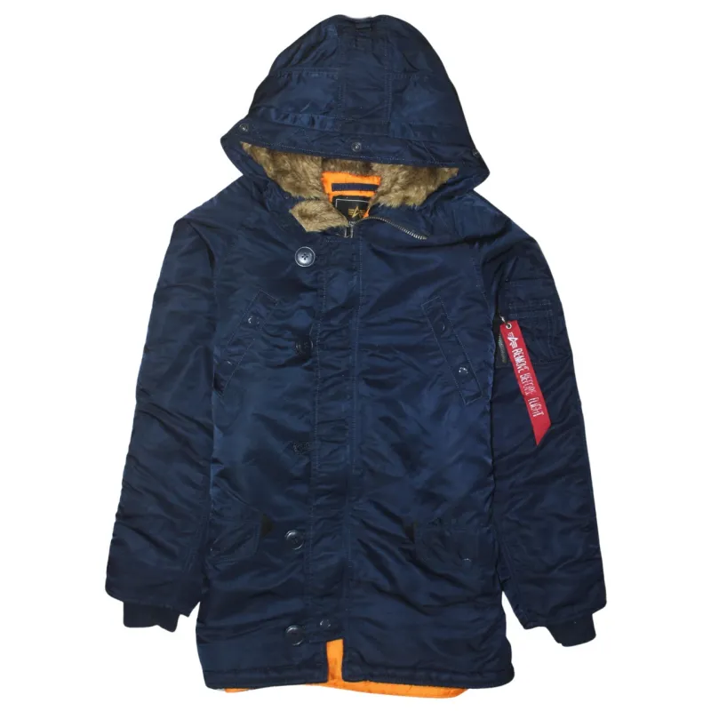 Alpha Industries Navy Blue Parka Jacket Women’s XXXSmall Hooded Fur Lining Zip Pockets Coat sold by Vintage Club