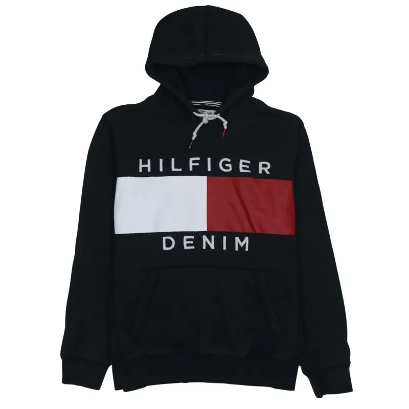 Tommy Hilfiger Black Hoodie Women’s Large Flag Logo Embroidered Hilfiger Denim Pullover Sweatshirt sold by Vintage Club