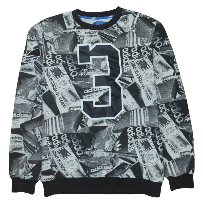 Adidas Black Grey Sweatshirt Men's Medium All Over Print Number 3 Crewneck Pullover Top made by Adidas