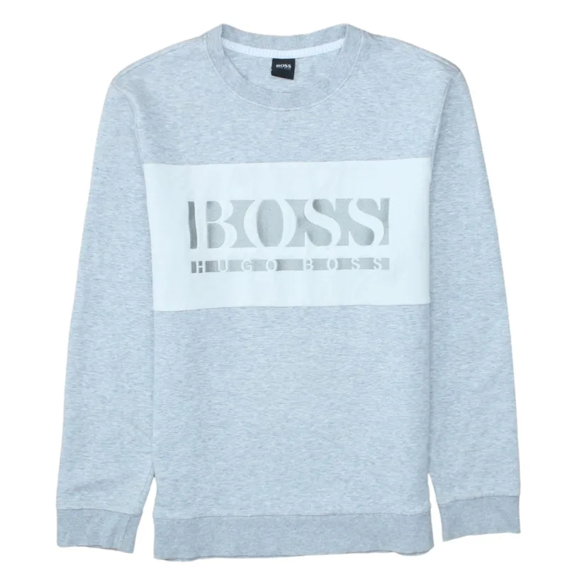 HUGO BOSS Light Grey Sweatshirt Women's Large Printed Logo Panel Crewneck Pullover Top sold by Vintage Club