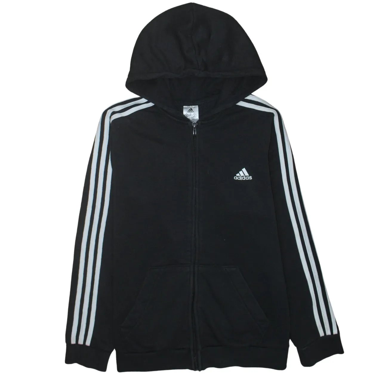 Adidas Black Hoodie Womens XLarge Full Zip Three Stripe Sleeves Embroidered Logo Sweatshirt sold by Vintage Club