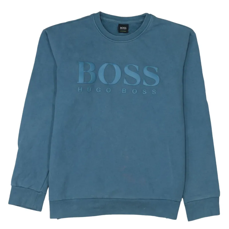 HUGO BOSS Blue Sweatshirt Women's Large Embossed Logo Crewneck Ribbed Cuffs Pullover sold by Vintage Club